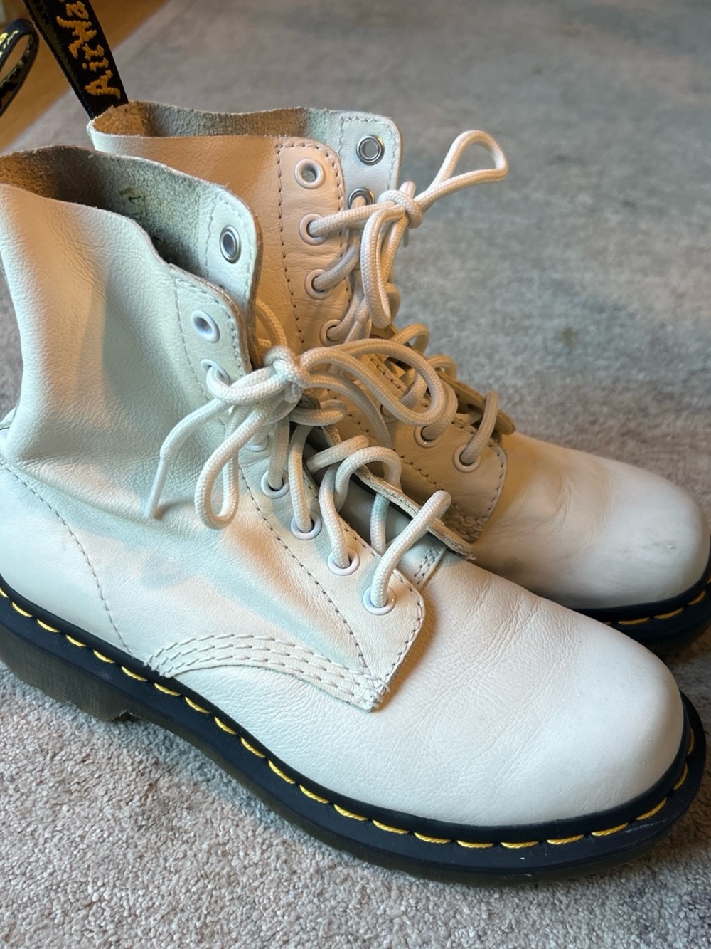 Dr. Martens White Leather Lace-Up Boots with Yellow Stitching